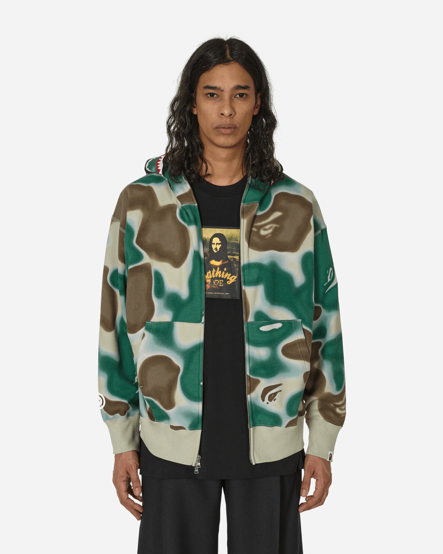 A Bathing Ape Liquid Camo Shark Relaxed Fit Full Zip Hoodie M Olive Drab Sweatshirts Zip-Ups 1K30115007 OLIVEDRAB