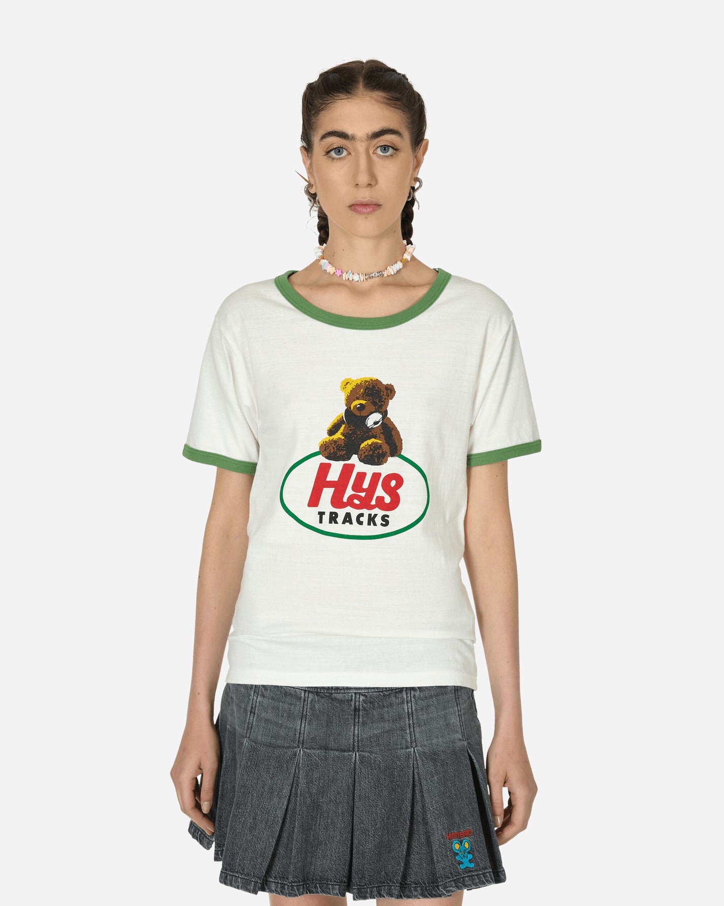 Hysteric Glamour Wmns Hys Tracks Dirty White X Green T-Shirts Shortsleeve 01241CT039 A
