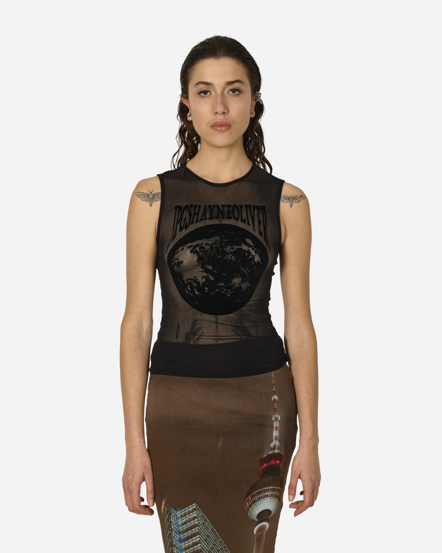 Jean Paul Gaultier Wmns Mesh Tank Top Flocked Earth Black T-Shirts Cropped DB033I-T001 0000