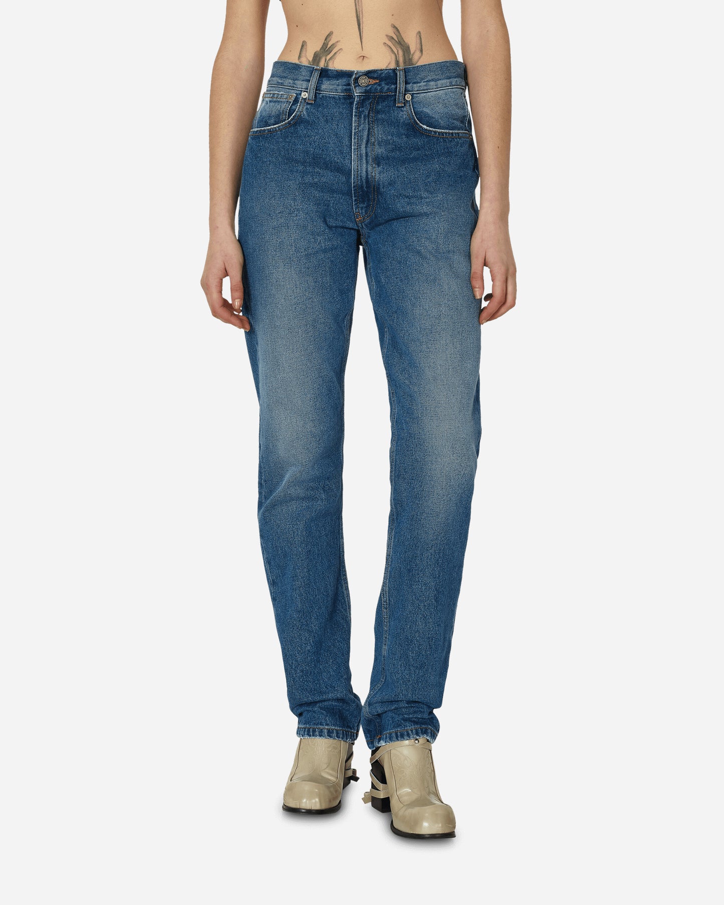 Jean Paul Gaultier Wmns Denim Pant With Screen Printed Logo Vintageblue/White Pants Denim F-JE126I-D013 5701