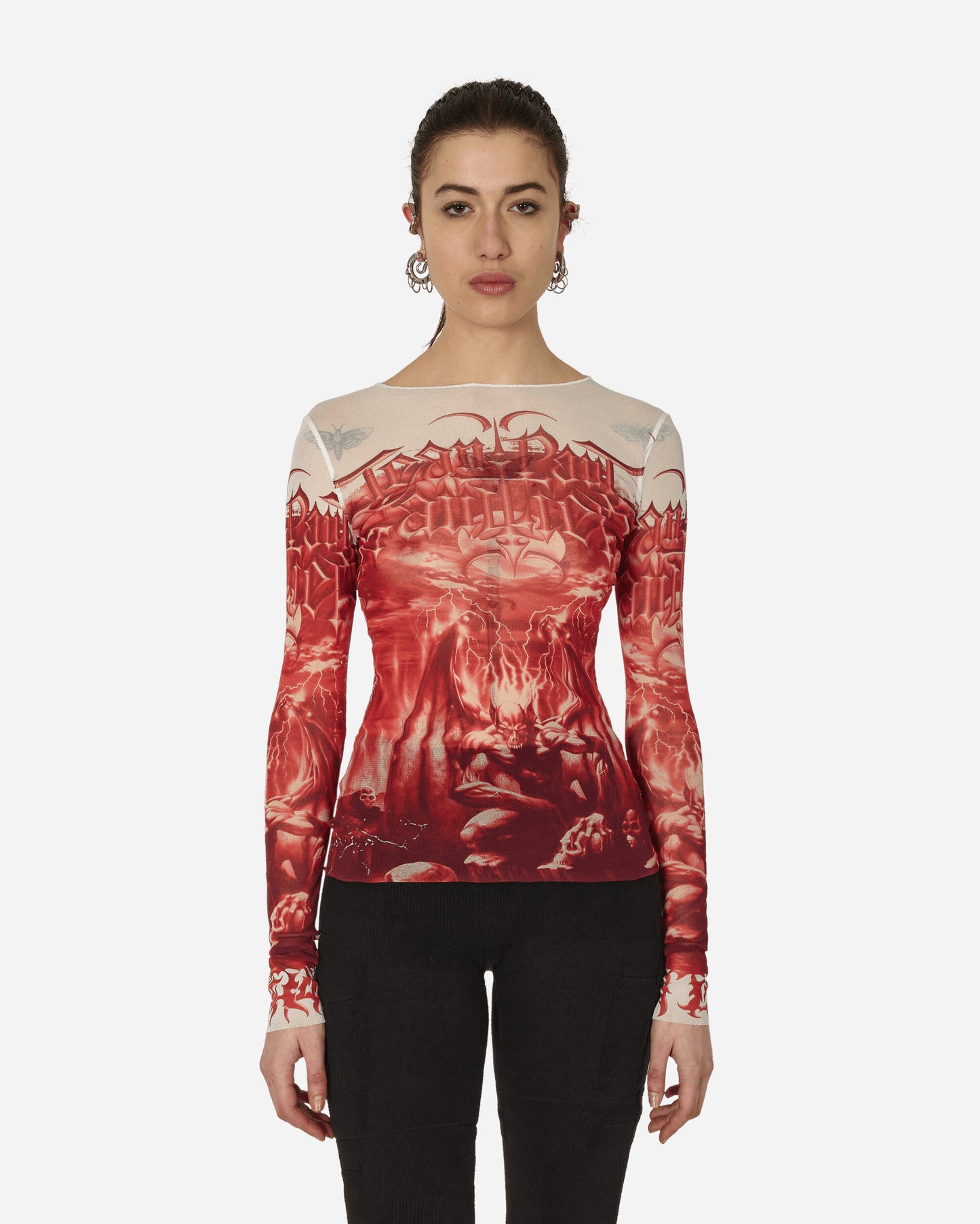 Jean Paul Gaultier Wmns Mesh Long Sleeves Top Printed Diablo White/Red T-Shirts Longsleeve U-TO137-T546 0130