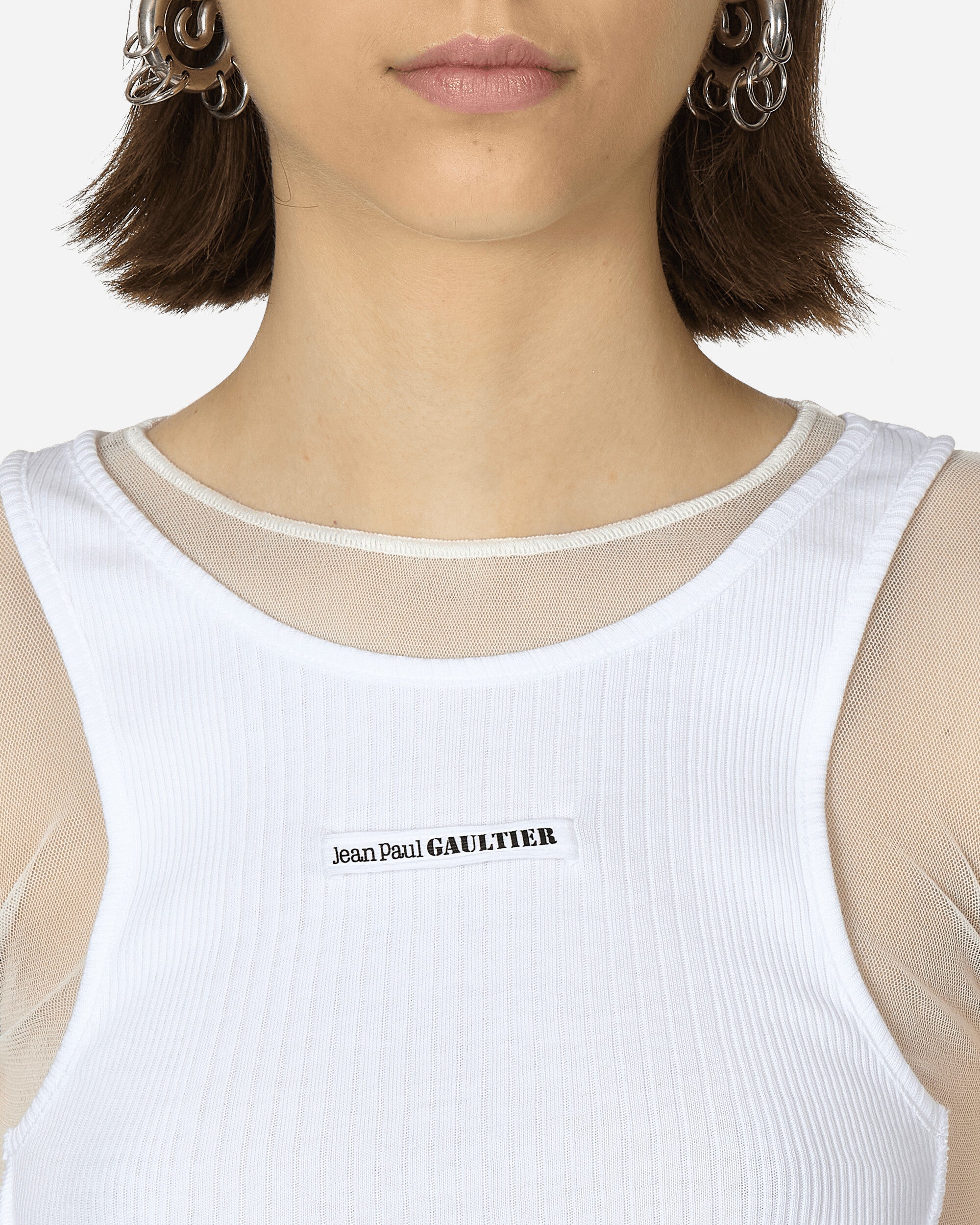 Jean Paul Gaultier Wmns Mesh Top With Rib White T-Shirts Longsleeve TO193B-T001 0101