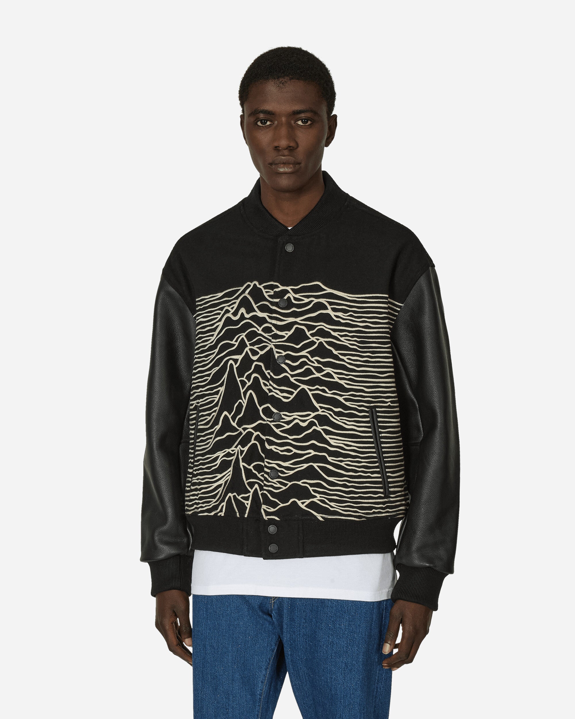 Pleasures Unknown Pleasures Varsity Black Coats and Jackets Bomber Jackets P24JD008 BLACK