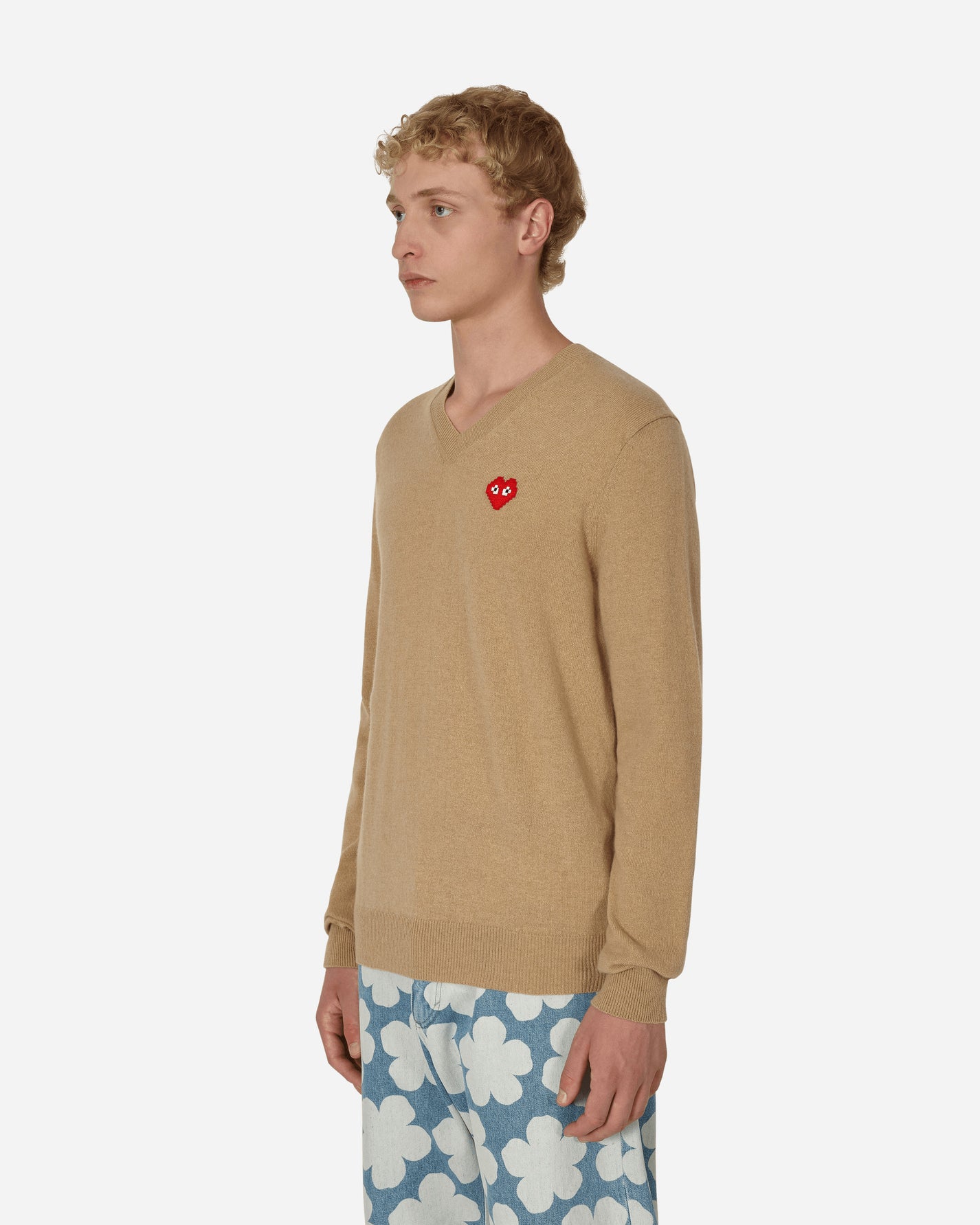 Comme Des Garçons Play Small Heart Vneck Knitwear Camel Knitwears Sweaters P1N082 1