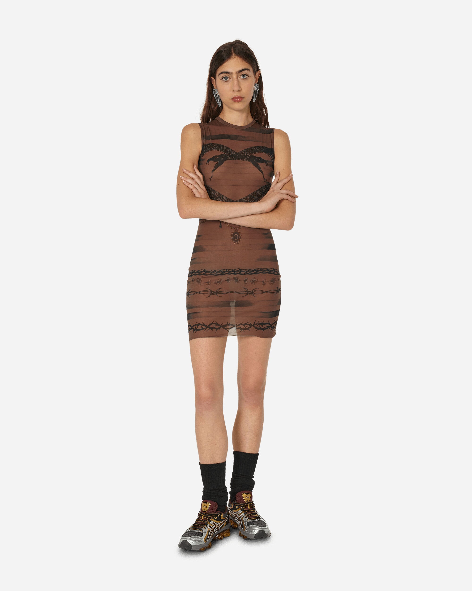 Jean Paul Gaultier Wmns Knwls Crew Neck Dress Sleeveless Printed Trompe L'Oeil Tatoo Ebene/Grey/Black Dresses Dress Short 2314-F-RO062-J523 700200