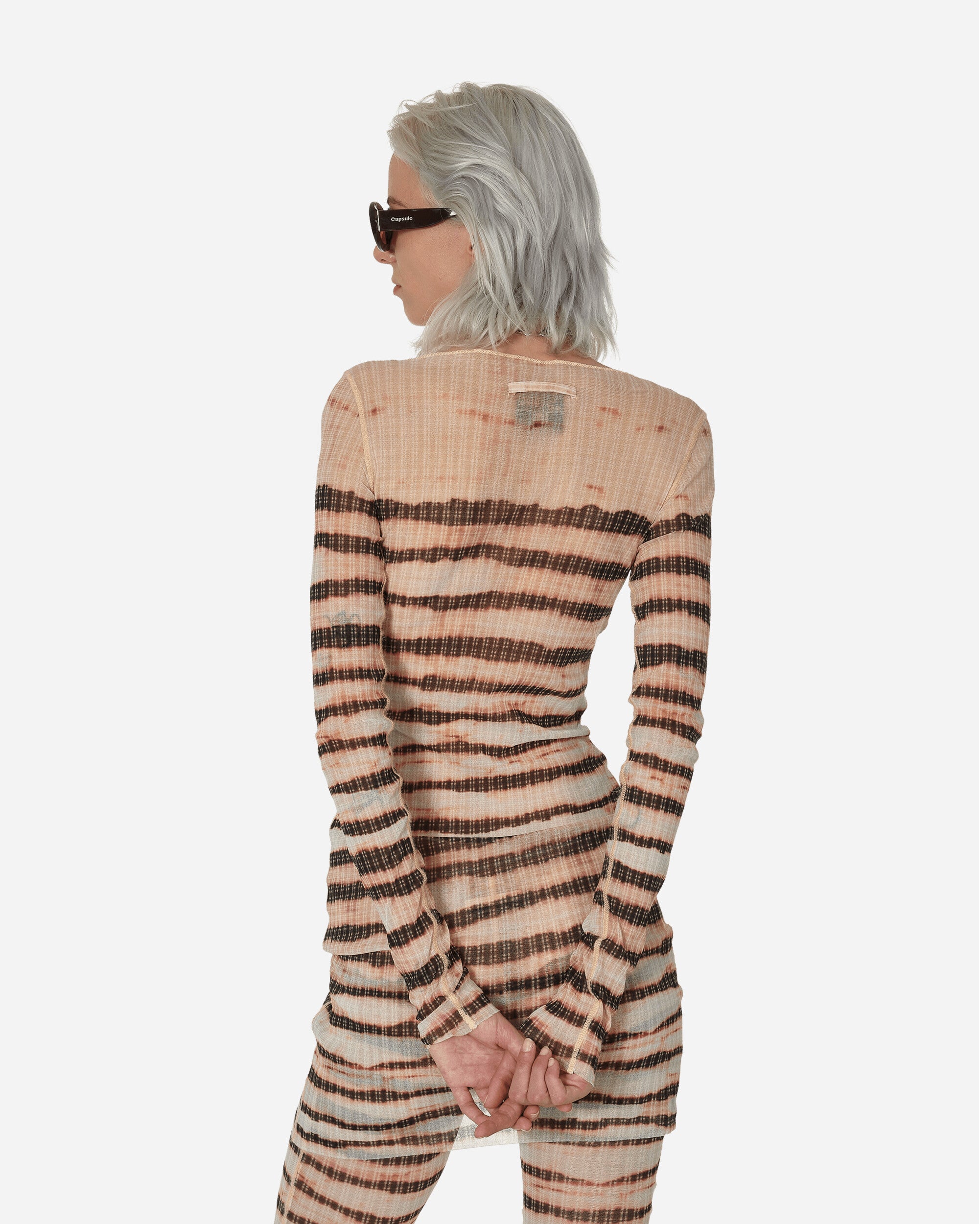 Jean Paul Gaultier Wmns Knwls High Neck Dress Long Sleeves Printed Striped Washed Mariniere Ecru/Brown Dresses Dress Short 2314-F-RO064-T535 360