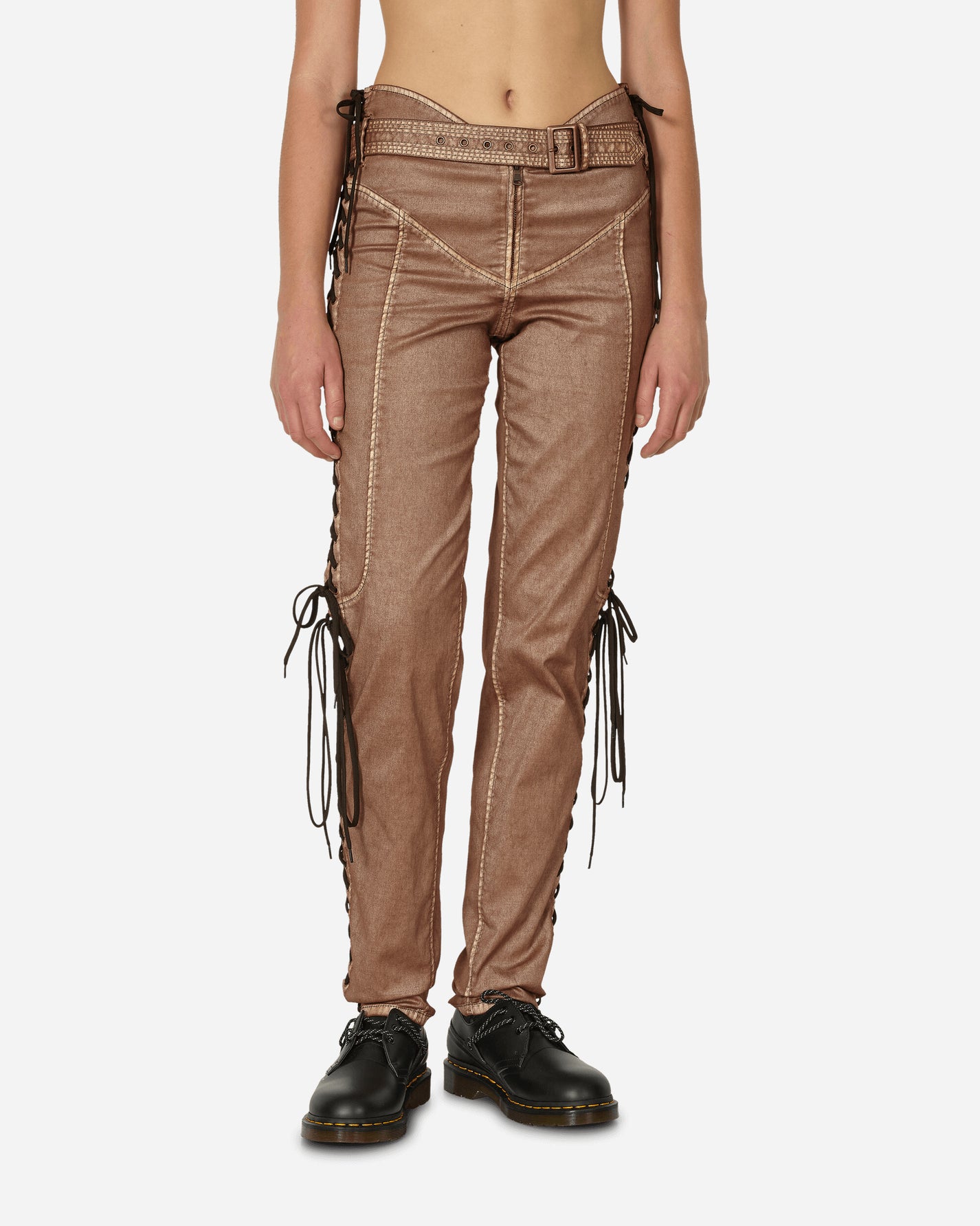 Jean Paul Gaultier Wmns Knwls Low Waist Laced Straight Trousers Brown/Ecru Pants Trousers 2314-F-PA074TP-D005 6003